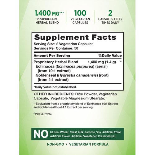 Echinacea Goldenseal Capsules | 1400mg | 100 Count | Vegetarian, Non-GMO & Gluten Free Supplement | Herbal Support Complex | by Nature's Truth