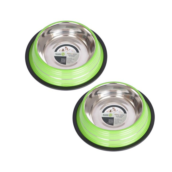 Iconic Pet 4 Cup Color Splash Striped Non-Skid Pet Bowl for Dog or Cat (2 Pack), Green, 32 oz