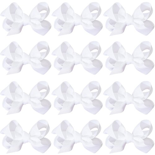 12 PCS 3" Hair Bow Clips Grosgrain Ribbon Solid Color Hair Bow With Alligator Clips Hair Accessories for Teen Toddler Little Girls (White)