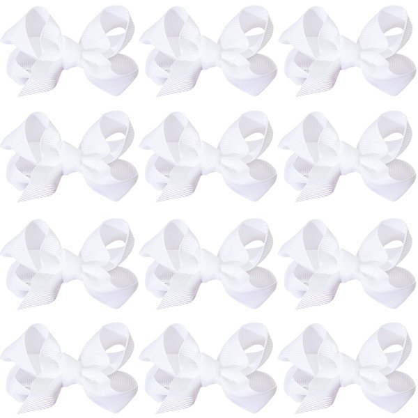 12 PCS 3" Hair Bow Clips Grosgrain Ribbon Solid Color Hair Bow With Alligator Clips Hair Accessories for Teen Toddler Little Girls (White)