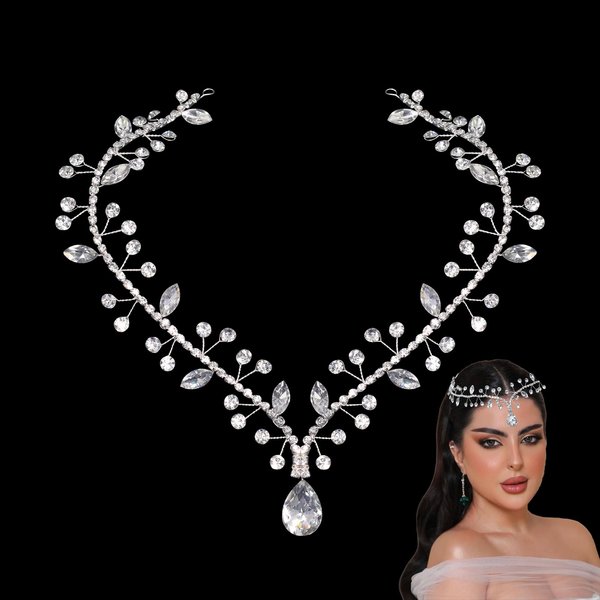 Wedding Hair Accessories for Brides, Rhinestone Forehead Headpiece, Rhinestone Bridal Headband Bridal Headpieces for Wedding (Silver)