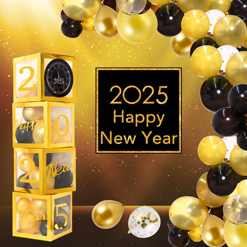 137PCS 2025 New Years Eve Party Supplies Boxes and Balloons, Black and Gold Balloons Arch Garland Kit 4Pcs Balloon Boxes with Letters Numbers 2025 Happy New Year Birthday Party Decoration