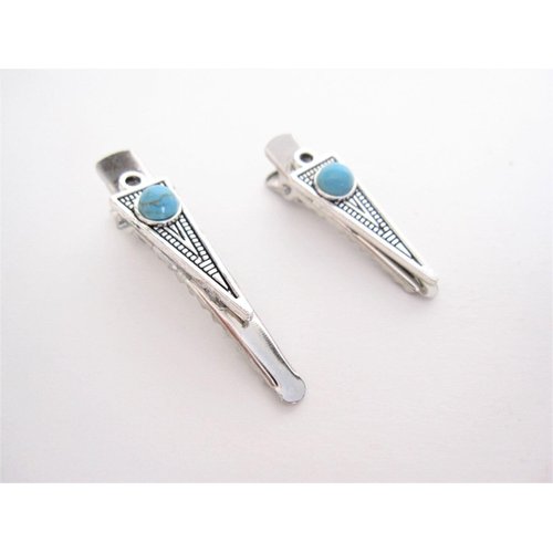Small blue stone silver metal alligator hair claw clip clamp for fine thin hair (Size: 1.75)