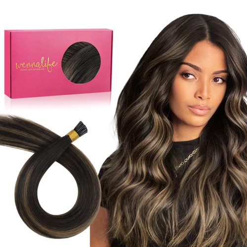 WENNALIFE I Tip Hair Extensions Human Hair, 50g 100s 14 Inch Balayage Dark Brown Mixed Chestnut Brown Remy Itip Human Hair Extensions Invisible Itips Straight I Tips Fusion Extensions Real Human Hair