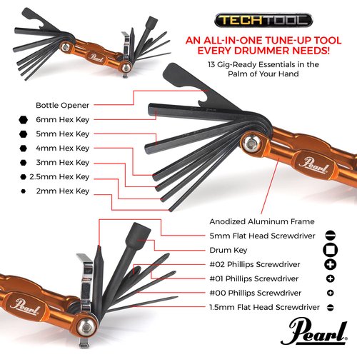 Pearl Tech Tool combination Drum Key and Drum Set Multi-Tool with five Screwdrivers, six Hex Keys and Bottle Opener,