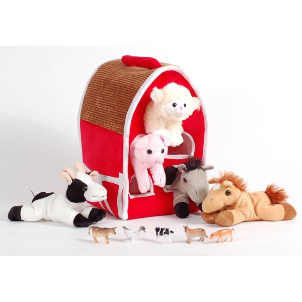 Unipak 12" Plush Red Barn Playset with 5 Beanie Animals -Lamb, Pig, Cow, Gray Horse and Brown Horse + 5 Bonus Farm Animal Figures