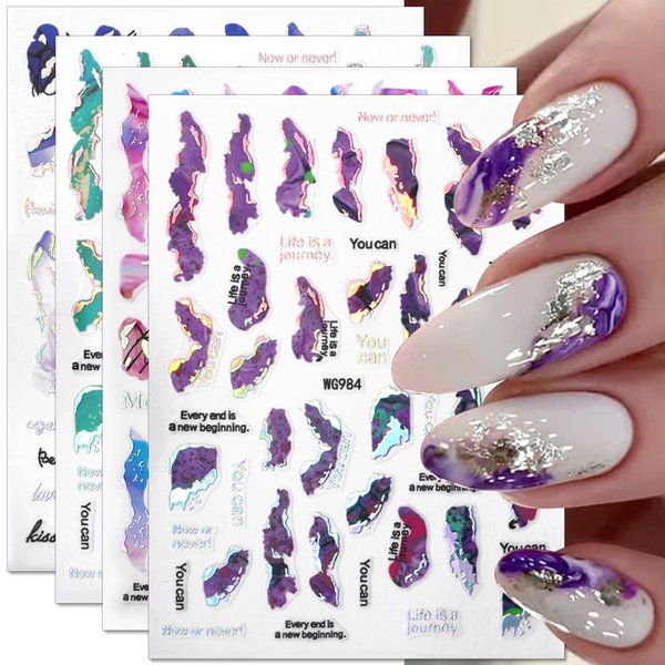 6 Colors Marble Nail Stickers for Women 3D Bronzing Silver Marble Nail Art Stickers Blooming Nail Decals Watercolor Smudge Nail Sticker Self Adhesive Stickers for Nails Foil Nail Designs Nail Supplies