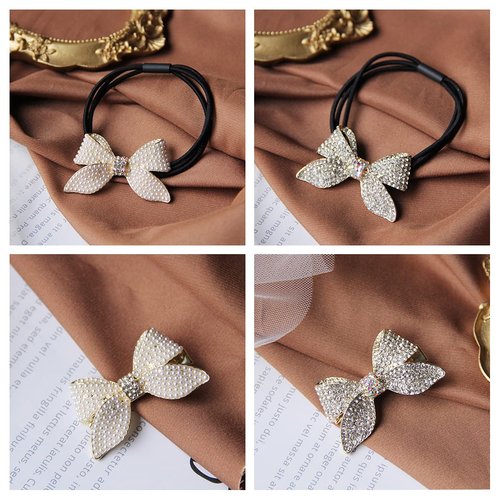 Xiwstar Hair Bow Ties with Hair Clips, 2Pcs Pearl Rhinestone Bowknot Hair Elastics Ties and 2Pcs Pearls Rhinestones Duckbill Hair Clips for Women Girls