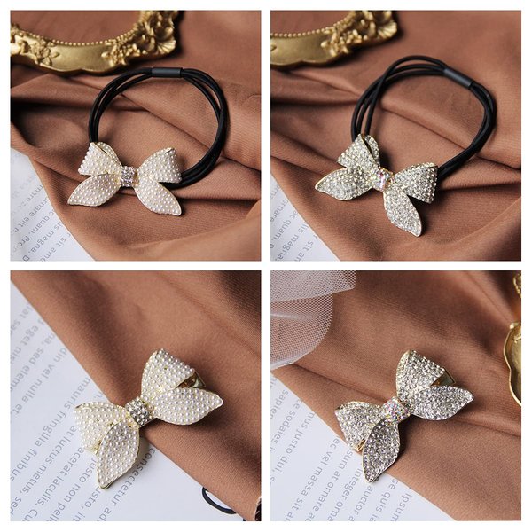 Xiwstar Hair Bow Ties with Hair Clips, 2Pcs Pearl Rhinestone Bowknot Hair Elastics Ties and 2Pcs Pearls Rhinestones Duckbill Hair Clips for Women Girls