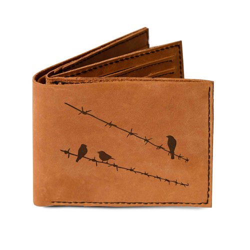 Men's Birds on Barbed Wire Handmade Genuine Leather Trifold Wallet MHLT_05