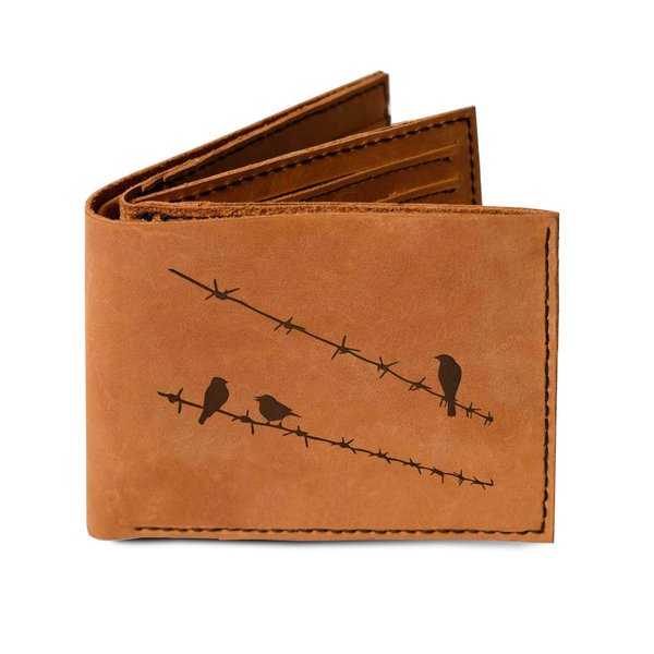 Men's Birds on Barbed Wire Handmade Genuine Leather Trifold Wallet MHLT_05