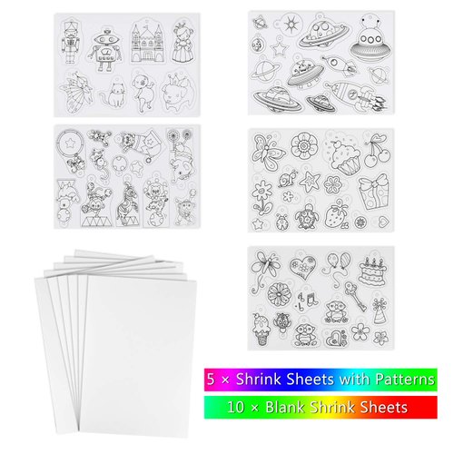 TUPARKA 60 Pieces Heat Shrink Plastic Sheet Kit, Including 10 Pieces Blank Shrink Film Paper and 5 Pieces Shrink Art Paper with Pattern, Punch, Keyring, Pencils