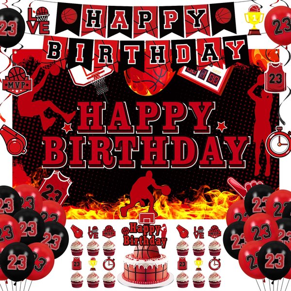 Basketball Party Decorations 51Pcs Black Red Basketball Happy Birthday Banner Balloons Cake Topper Cupcake Toppers Hanging Swirls Kit for Boys Kids Teens Sport Theme Basketball Birthday Party Supplies