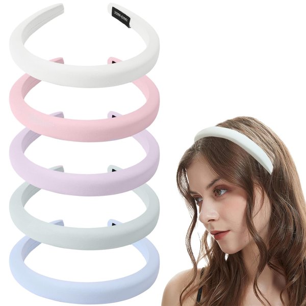 Kasmena 5PCS 0.6" Sponge Padded Headband for Women Girls Thin Headbands,Non-Slip Soft Wide Hairbands Artificial Fabric Headband Hair Accessories,Light Color