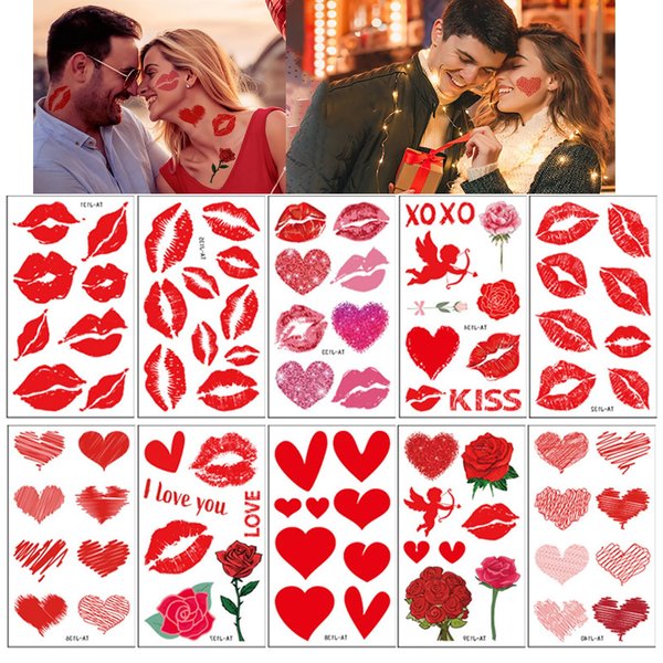 mdgfge 83Pcs Valentine's Day Red Lips Heart Temporary Tattoo Stickers Kiss Love Cupid Rose Waterproof Fake Tattoo Decals for Women Man Face Stickers Themed Decorations Supplies