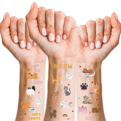 Crazy Night Cute Cat Temporary Tattoos - 75 Glitter Styles,Let's Pawty Birthday Party Supplies, Meow Party Favors