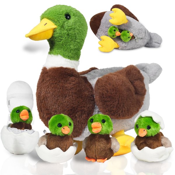 7 Pcs Duck Stuffed Animals Sets, Mommy Mallard Duck Plush Toy with Stuffed Ducklings and Eggs in Zippered Belly Pouch, Duck Plushie Gifts for Christmas Girls Boys Birthday Surprise Farm Party Decors