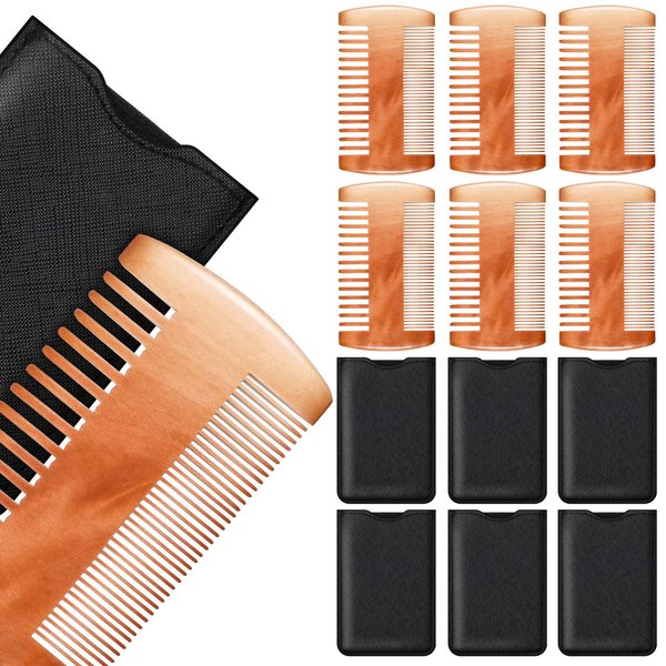 6 Pieces Beard Comb Natural Sandalwood Wooden Moustaches Combs Dual Action Teeth Beard Comb with 6 Pieces Pocket Faux Leather Case for Beards Moustaches (Yellow)