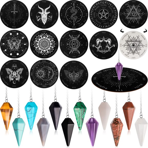 24 Pieces Crystal Pendulums Bulk Set Pendulum Board and Dowsing Pendants Divination Tools Wooden Communication Board with Crystal Pendulums for Beginners Witchcraft Altar Supplies, White and Black
