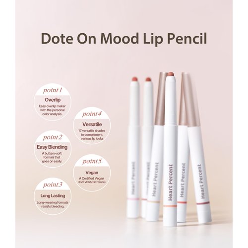 Heart Percent Dote On Mood Lip Pencil, Long-Lasting Creamy Lip Crayon Smooth Color Liner Retractable Lipstick Pencil 0.8g, 06. Rose Beige