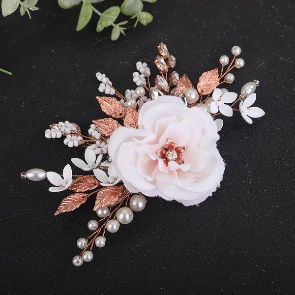 Teyglen Flower Wedding Hair Clip Pearl Rhinestone Bridal Hair Clip Handmade Leaf Flower Headpiece Jewelry Barrette Hair Accessories for Women