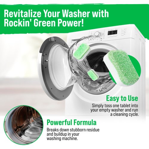 Rockin' Green Washing Machine Cleaning Tablets (8 Pieces) - Deodorazing Washer Machine Cleaner Tablets for a 4 Month Supply - Easy to Use Washer Cleaner to Remove Residue for All