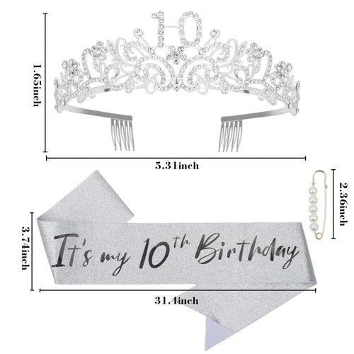 Semato 10th Birthday Decorations for Girls - Silver 10th Birthday Crown and Birthday Glitter Sash Kit for Girls 10th Birthday Gifts for Girls Birthday Party Supplies and Favors