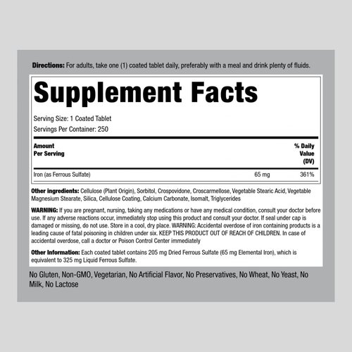 Iron Ferrous Sulfate 65 mg | 250 Tablets | Iron Supplement | High Potency Formula | Vegetarian, Non-GMO, Gluten Free | by Piping Rock