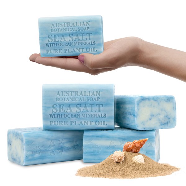 Australian Botanical Soap, Sea Salt with Ocean Minerals 6.6 oz. (187 g) Soap Bars | Natural Ingredient Bar Soap | All Skin Types | Women & Men | Shea Butter Enriched - Pack of 4
