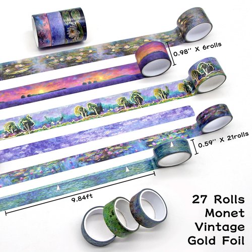 27 Rolls Monet Gold Foil Vintage Washi Tape Set - Decorative Masking Tapes for Scrapbooking, Journaling, Crafts, School Supplies