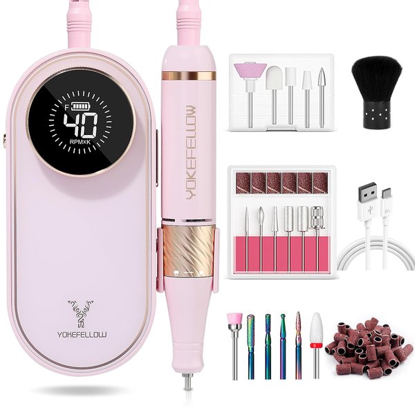 YOKE FELLOW Nail Drill Machine - 40000 RPM Electric Nail File Nail Drills for Acrylic Nails Professional with 12 Drill Bits Manicure Pedicure Polishing Nail Drill for Home Use