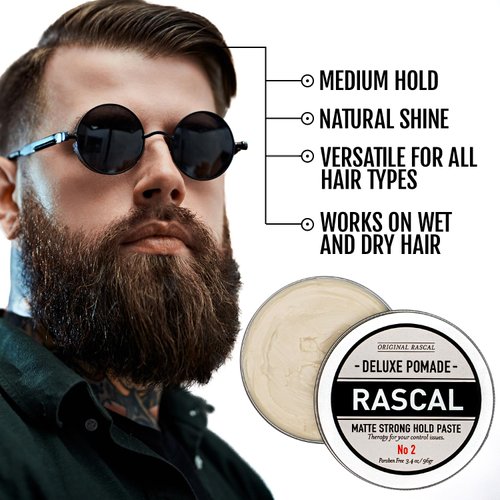 Original Rascal Deluxe Pomade for Men #2 - Matte Hair Paste with Strong Hold & Light Shine - Men's Styling Solutions Products for All Hair Types - Natural Infused with Beeswax & Lanolin Wax