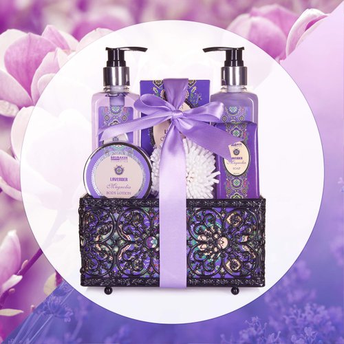 BRUBAKER Cosmetics Home Spa Gift Basket - Lavender & Magnolia Scent - 7 Pcs Luxury Bath & Body Gift Set for Women and Men