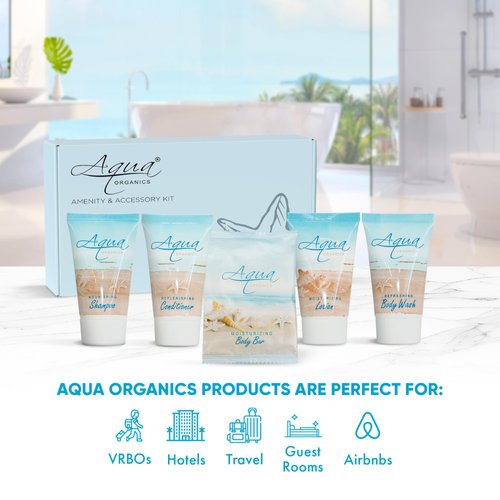 1-Shoppe All-In-Kit|Aqua Organics Amenity Kit|Boxed Hotel Toiletries|Bulk Set 1oz Travel Size Shampoo,Conditioner,Lotion,Body Wash & Bar Soap for Guest Hospitality AirBnB/Vacation Rentals|5 Pieces