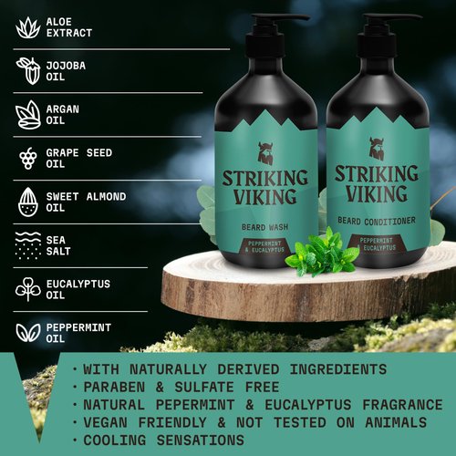 Striking Viking Beard Wash Conditioner - Beard Shampoo Paraben & Sulfate Free for Men - Deep Cleansing for all Beard Types (Beard Wash & Conditioner (Peppermint & Eucalyptus)