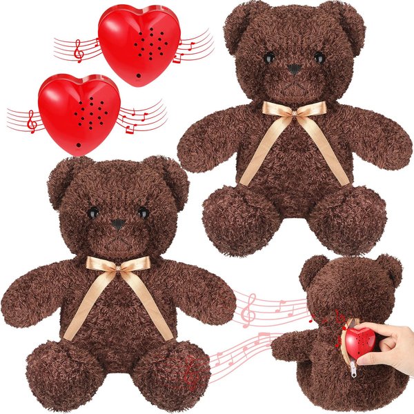 2 Pcs Bear Stuffed Animals with Voice Recorder Set, 60 Seconds Voice Sound Recorder Module 16 Inch Soft Plush Bear Cute Stuffed Bear with Zipper Sound Box Recordable Heart for Boys Girls (Light Brown)