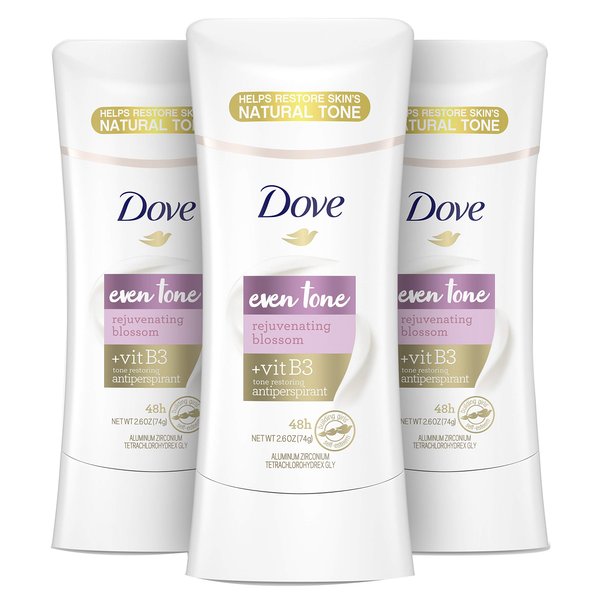 Dove Antiperspirant Deodorant for Uneven Skin Even Tone Rejuvenating Blossom Sweat Block for All-Day Fresh Feeling, 2.6 Oz, Pack of 3