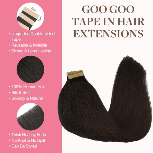 GOO GOO 16inch Tape in Hair Extensions Human Hair Dark Brown Silky Straight Remy Hair Extensions Tape in Natural Hair Extensions 50g 20pcs