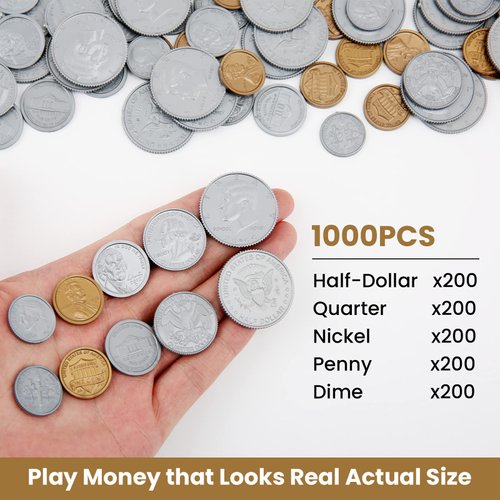 YTYOTO 1000 Pcs Fake Coins for Kids Learning, Plastic Play Coins for Teaching,200 Pennies, 200 Nickels, 200 Dimes, 200 Quarters, 200 Half-Dollars for Kids Pretend Play Store Or Cash Register