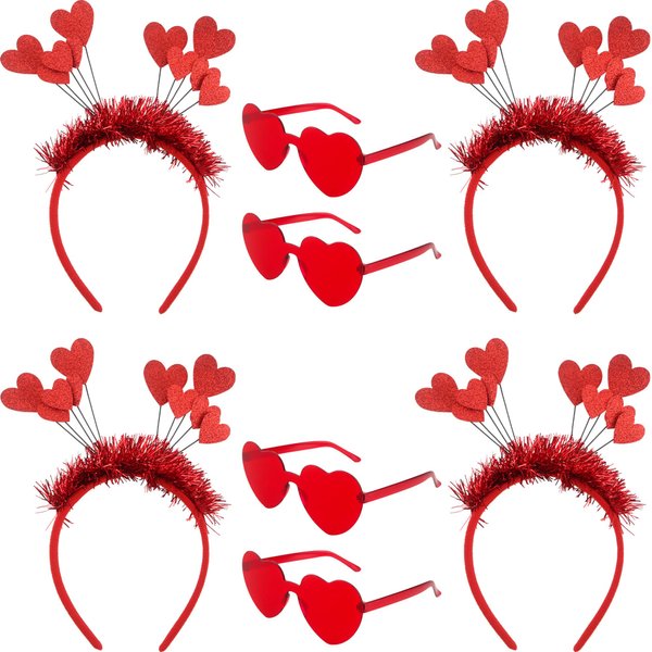 Fahacop 8 Pack Valentine's Day Headband Set Red Sequin Heart Headband and Heart Sunglasses for Wedding Valentine Festival Party Headwear Accessories
