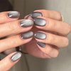 Xenophoer Cat Eye Press on Nails Short Oval Gray Fake Nails Acrylic Glue on Nails with Silver Glitter Designs Nails Press ons for Women Daily Wear 24 Pcs