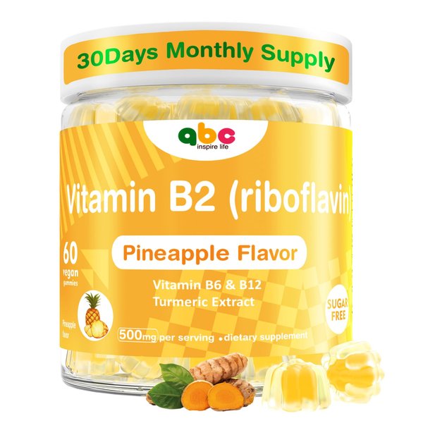 INSPIRELIFE ABC Vitamin B2 Gummies Riboflavin 400mg for Wen & Kids b2 Vitamins Chewable Gummies for Adults Supplement with B Complex Nervous System Support,Vegan,Sugar-Free,Pineapple Flavor, 60 Count