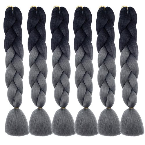 BALINGHAIR Braiding Hair Extensions Ombre Black to Dark Grey Professional High Temperature Kanekalon Braids Hair 24 Inch(B35-6Packs)