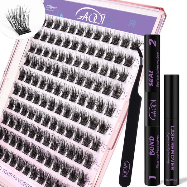 GAQQI Lash Clusters Kit, DIY Lash Extensions Kit 10-14mm Fluffy Cluster Lashes, Volume Eyelash Clusters with Lash Bond and Seal+Tweezer+Remover+120pcs Thin Band Individual Lashes (3D-GQ01-KIT)