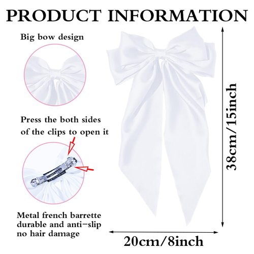 TULOBI Big Bow Barrettes Long Tail French Hair Bow Silky Satin Metal Hair Clip Hair Bowknot Clips Accessories for Women Girls (White 1pc)