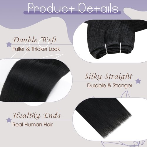 Full Shine Weft Hair Extensions Human Hair Black 18inch Jet Black #1 Human Hair Weft Bundles Natural Black Remy Human Hair Extensions Double Weft 105G
