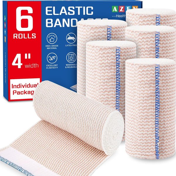 AZEN 4 in Premium 6 Pack Elastic Bandage Wrap, Lymphedema Wraps for Legs, Ankle, Knee, Tummy, Body Wrap, Compression Leg Wraps, Latex-Free