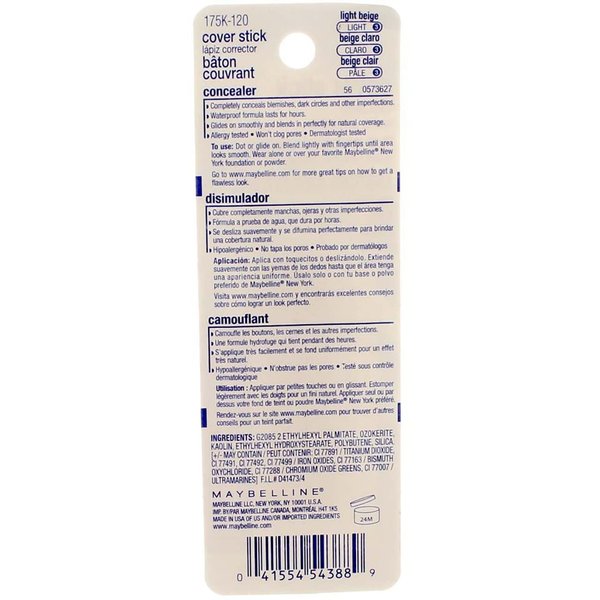 Maybelline Cover Stick Concealer, Light Beige [120], 0.16 oz (Pack of 3)
