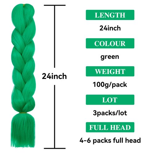 HAIRCUBE Green Braiding Hair 24 Inch 3 Packs Pre Stretched Box Braids Colorful Twist Braiding Hair Extensions Synthetic Crochet Braiding (Green)