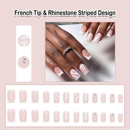 ANDGING French Tip Press on Nails Square Short Medium White Fake Nails Acrylic Glue on Nails with Rhinestone Striped Design 24Pcs Manicure Stick ons Nail for Wedding Gel False Nails with Glue LP68TT1